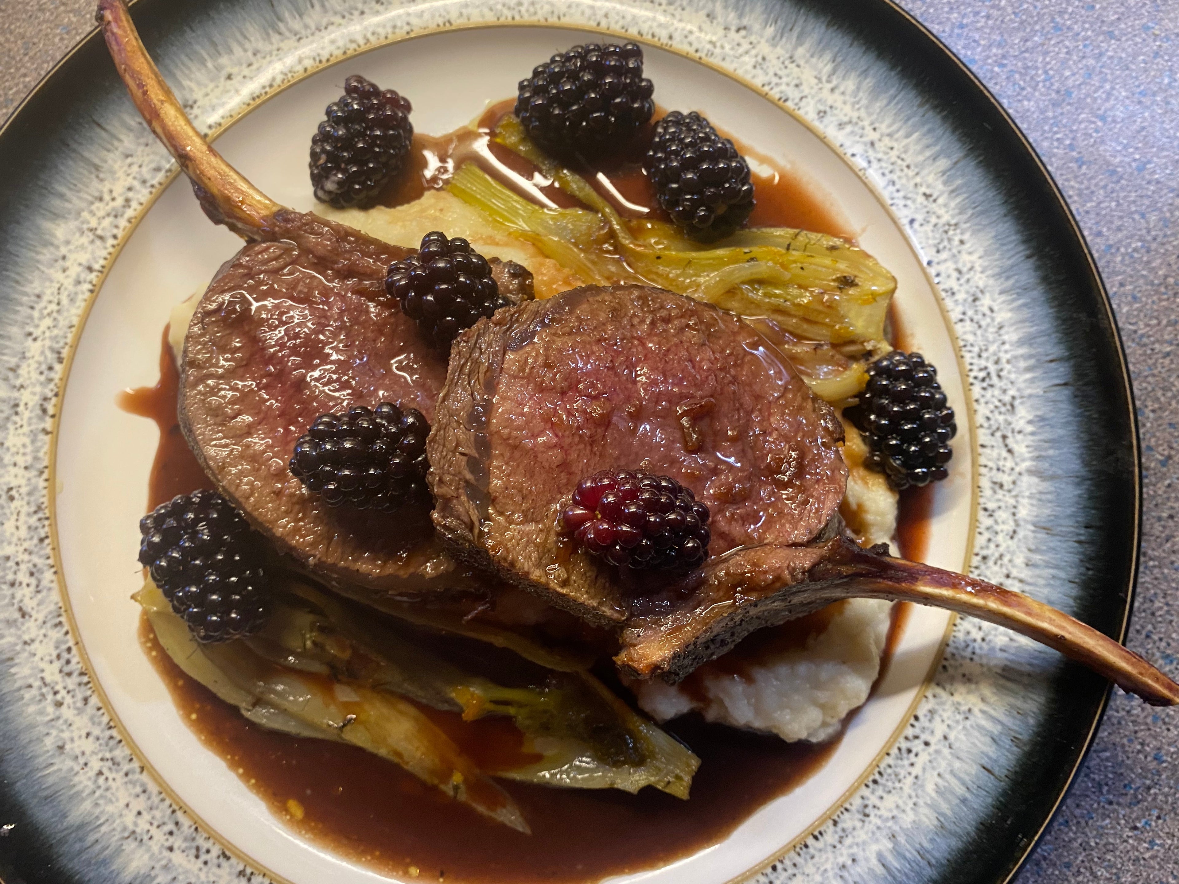 Rack of venison with sautéed fennel, Cauliflower purée and a reduced red wine and blackberry jus