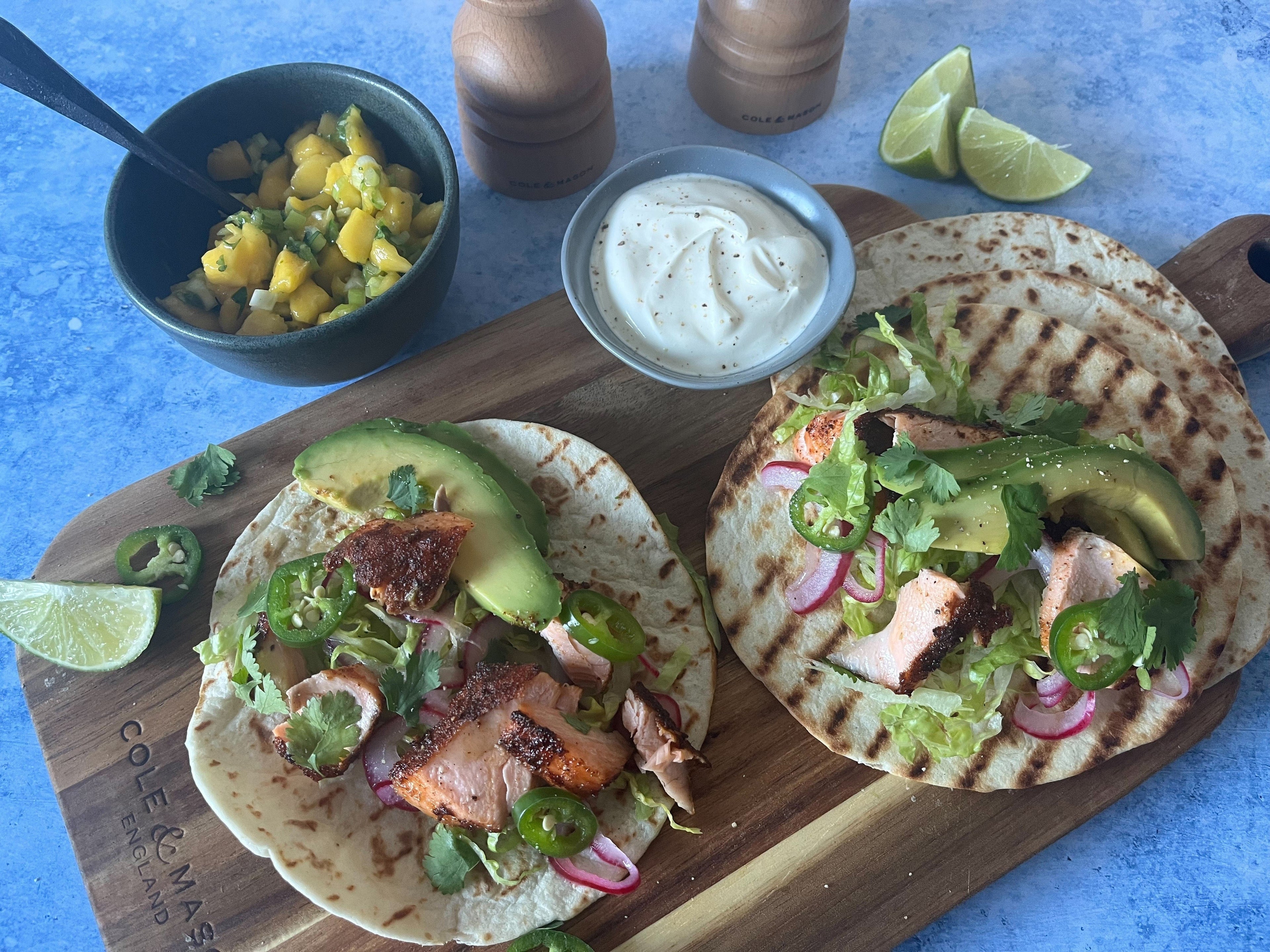 Air Fryer Spiced Salmon tacos with Mango Salsa