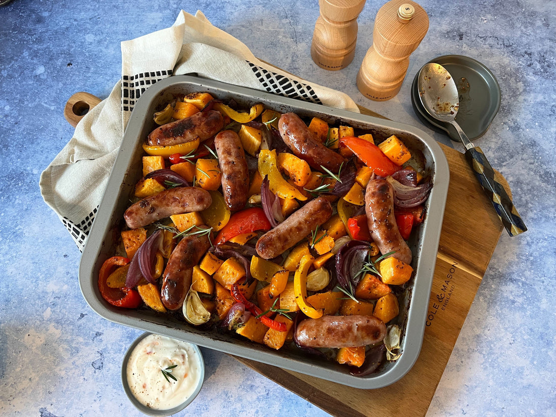 Sizzling Sausage, Squash and Pepper Traybake