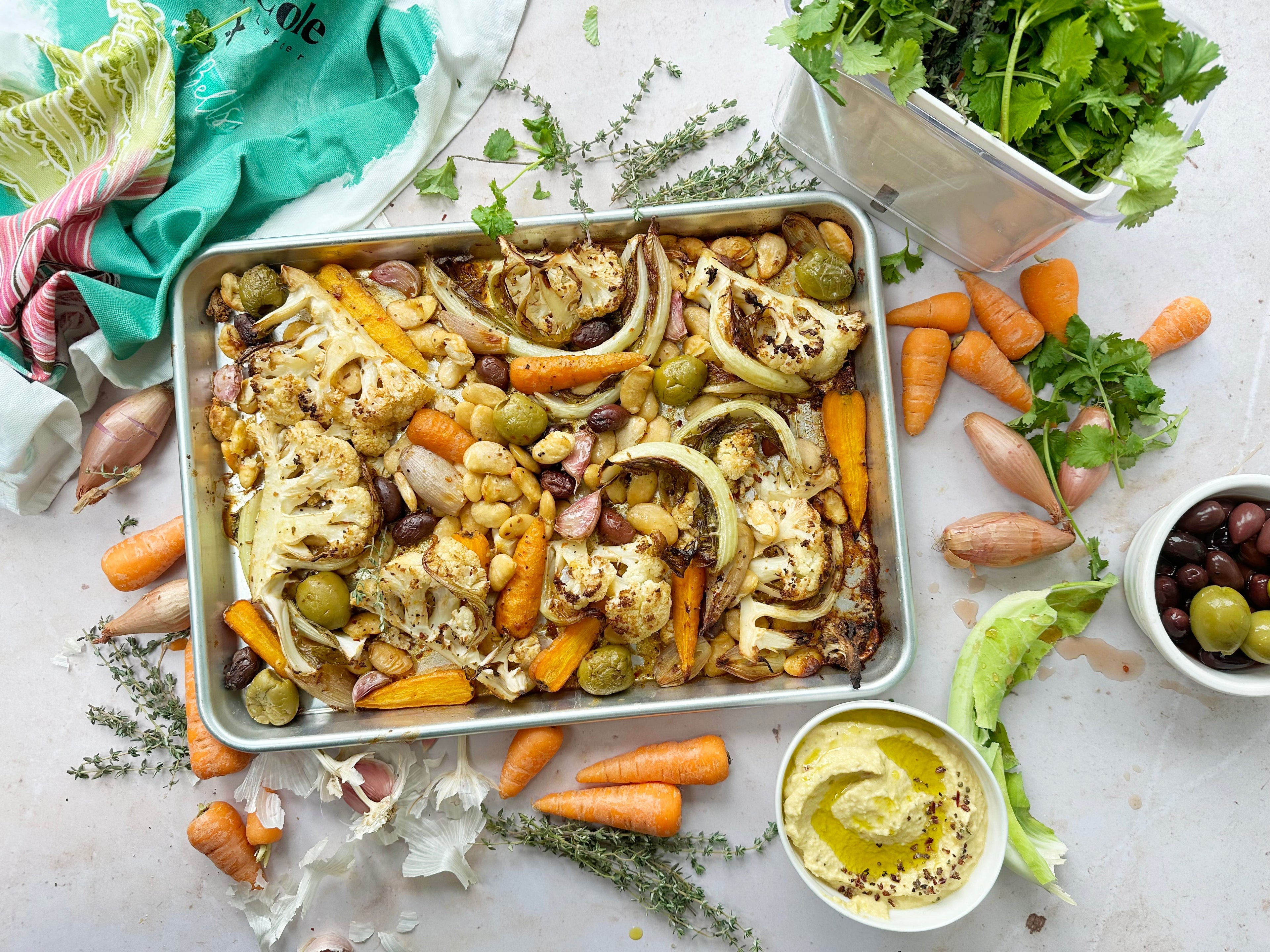 Chilli & Cumin Cauliflower Traybake with Sweetcorn Hummus