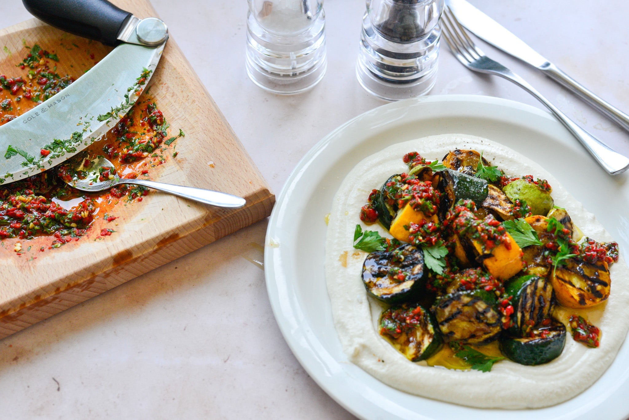 Seasonal Charred Courgettes with Aubergine Yoghurt and Chilli Sauce