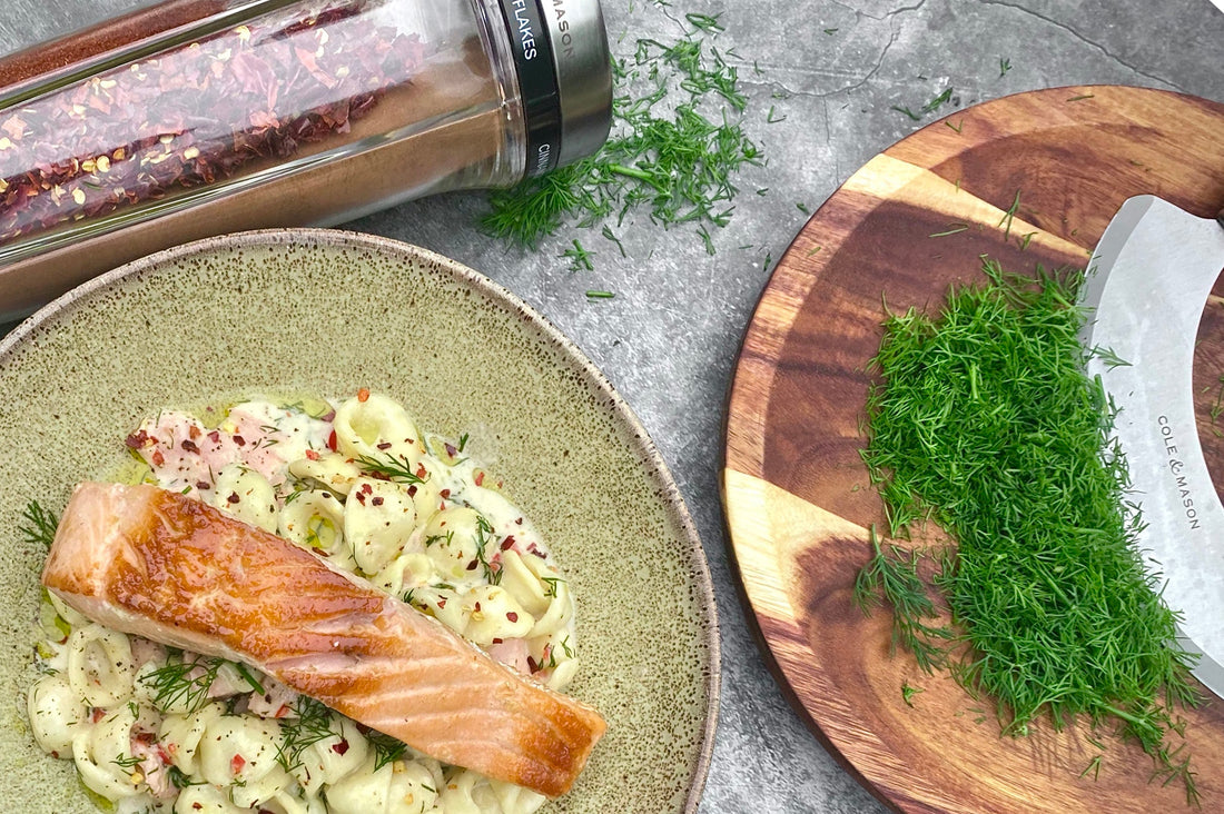 Lemon & Dill Pasta & Pan Fried Salmon & Tomato Salad
