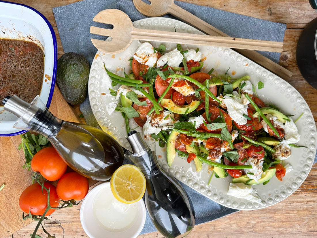 Warm Caprese Salad with Roasted Tomato Balsamic Vinaigrette