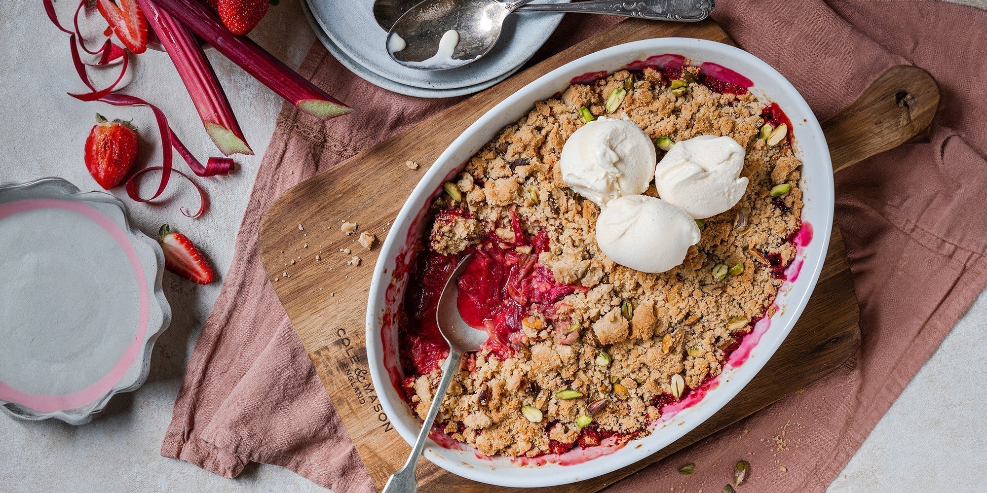 Rhubarb and Strawberry Crumble with Cinnamon Ice Cream