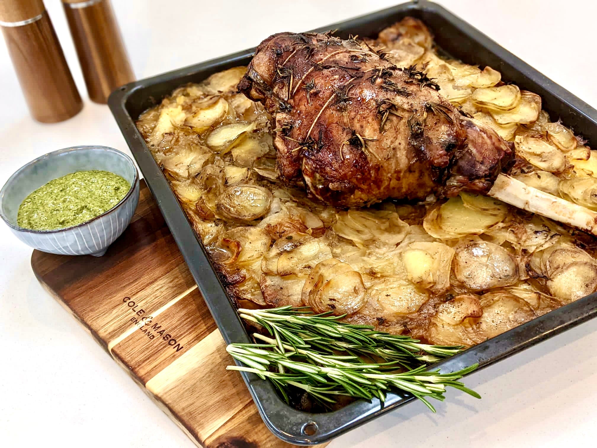 Traditional Easter Roast Lamb with Boulangère Potatoes and Salsa Verde