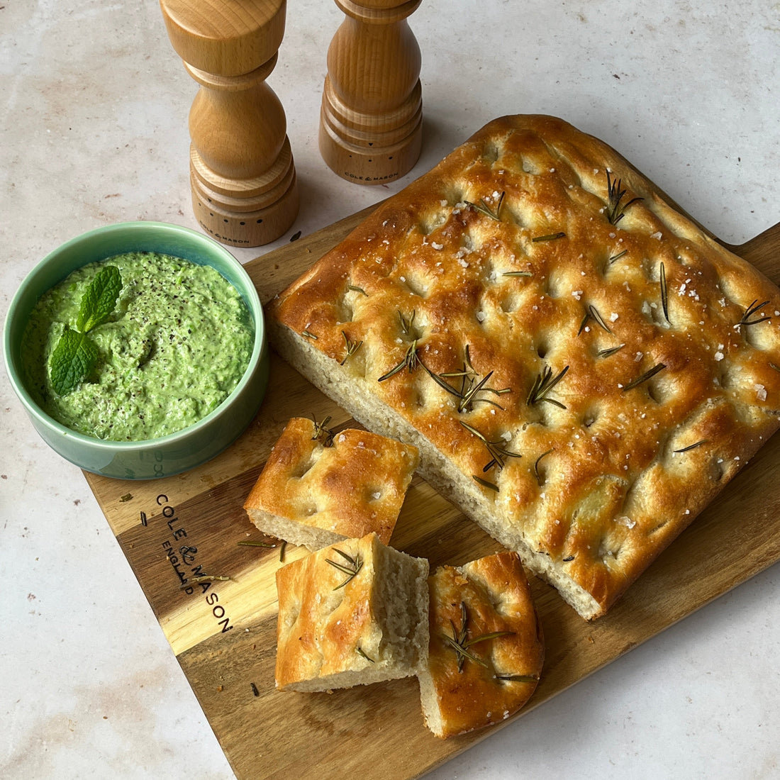 Focaccia Bread with Minted Pea Dip