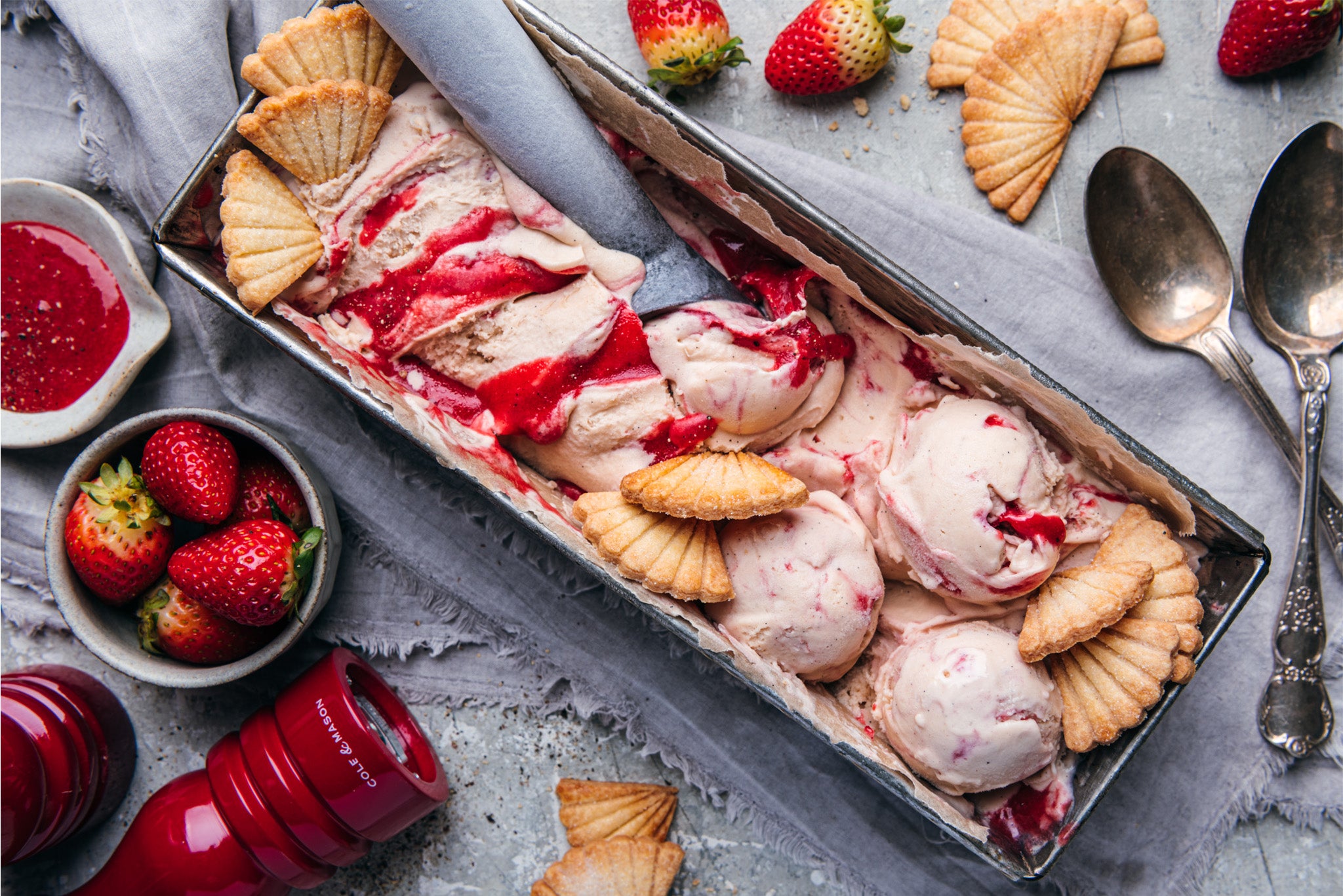 Strawberry Mascarpone Shortcake Ice-Cream with Peppered Strawberry Rip
