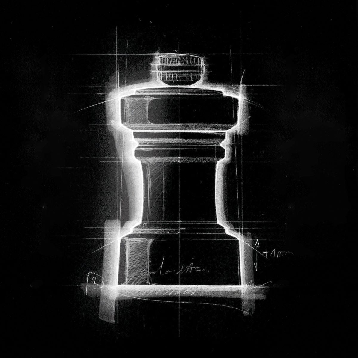 White chalk sketch of a chess king piece on a black background, with geometric guidelines and shading details, giving it a technical, blueprint-like appearance.