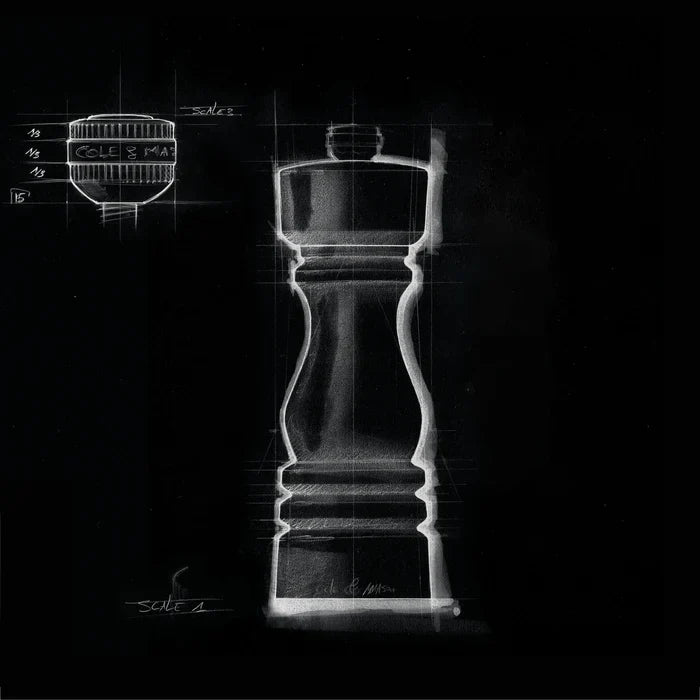 Chalk sketch of a pepper grinder on a black background, with side and top views, measurement lines, and the label Cole & Mason visible in the design.