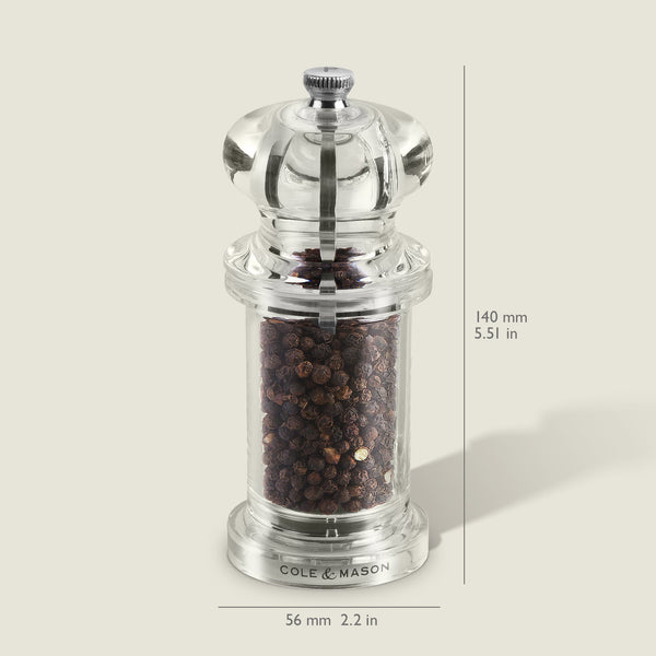 #salt&pepperset
The Cole & Mason 505 Salt & Pepper Mill, with a clear acrylic design, comes filled with black peppercorns, measures 140mm tall by 56mm wide, and features adjustable grind settings.