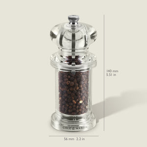 #salt&pepperset
The Cole & Mason 505 Salt & Pepper Mill, with a clear acrylic design, comes filled with black peppercorns, measures 140mm tall by 56mm wide, and features adjustable grind settings.
