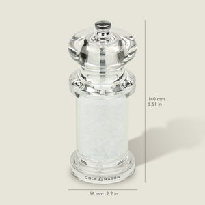 #salt&pepperset
The Cole & Mason 505 Salt Grinder has adjustable settings, comes pre-filled with coarse salt, and stands 140 mm tall. Made from clear acrylic, it features the Cole & Mason logo at the base against a pale off-white background.