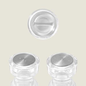 #130mm #shakerset Three Cole & Mason London Acrylic Salt & Pepper Shakers are shown—two side by side on a reflective surface and one from above, spotlighting its circular top—a perfect choice for fans of classic seasoning style.