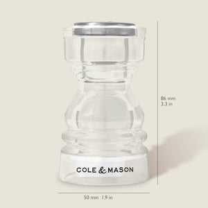 #86mm
The Cole & Mason London Acrylic Salt & Pepper Shaker, 86 mm tall and 50 mm wide with a metal top and branded base, is shown transparent against a light background.
