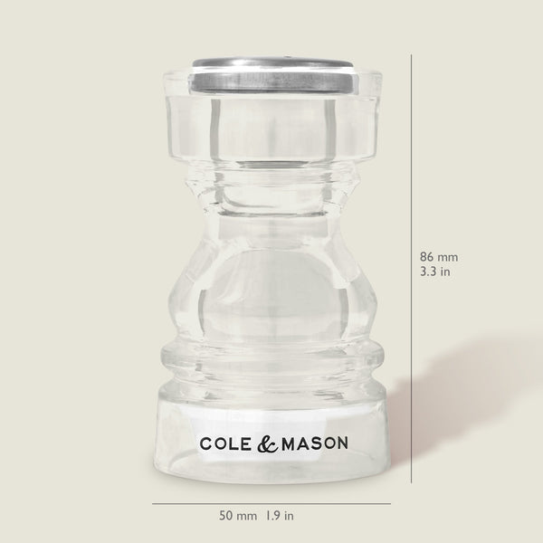 #86mm
The Cole & Mason London Acrylic Salt & Pepper Shaker, 86 mm tall and 50 mm wide with a metal top and branded base, is shown transparent against a light background.