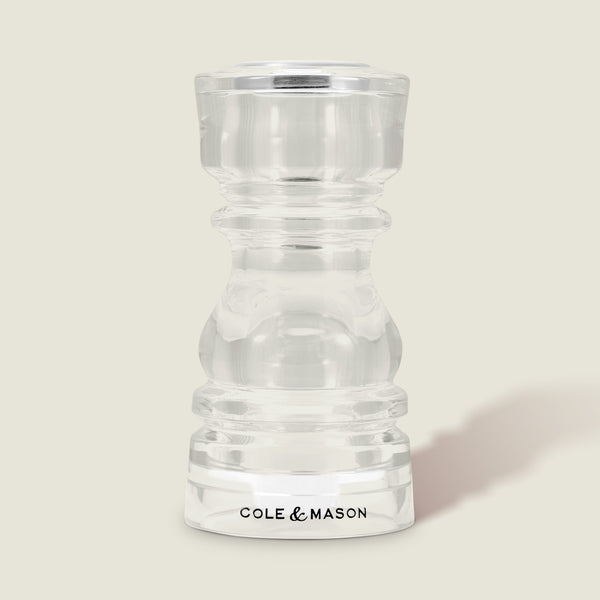 #130mm #singleshaker The Cole & Mason London Acrylic Salt & Pepper Shaker, with its classic curved design and clear acrylic body, stands upright on a light background—an ideal addition to any salt and pepper shaker collection.