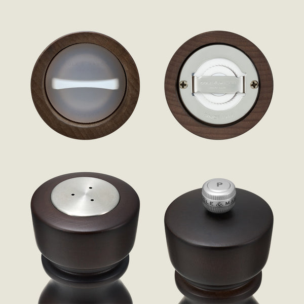 Four views of the Cole & Mason London Chocolate Wood Salt Shaker & Pepper Mill Set show metal tops with holes, clear lids, and engraved bases. Premium grinding mechanisms ensure consistent seasoning, all on a light background.