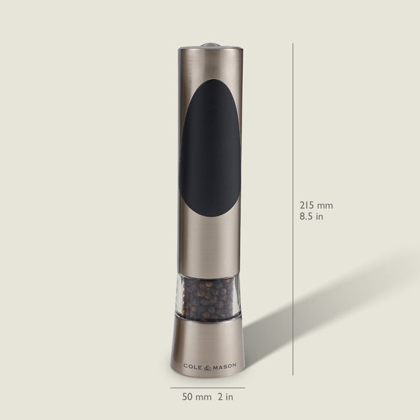 The Cole & Mason Richmond Electronic Salt & Pepper Mill Set features stainless steel mills with black grips, clear chambers, battery-powered grinding, adjustable grind levels, 215 mm (8.5 in) height, and 50 mm (2 in) base diameter.